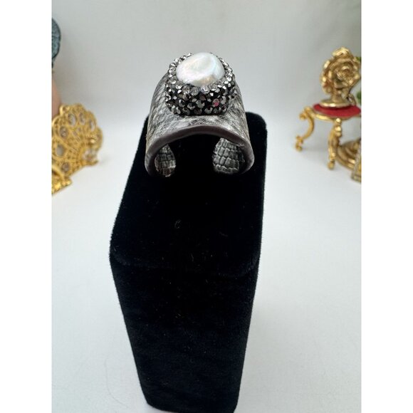 Snake Skin Baroque Pearl Marcasite And Rhinestone Wide Ring - Picture 4 of 11